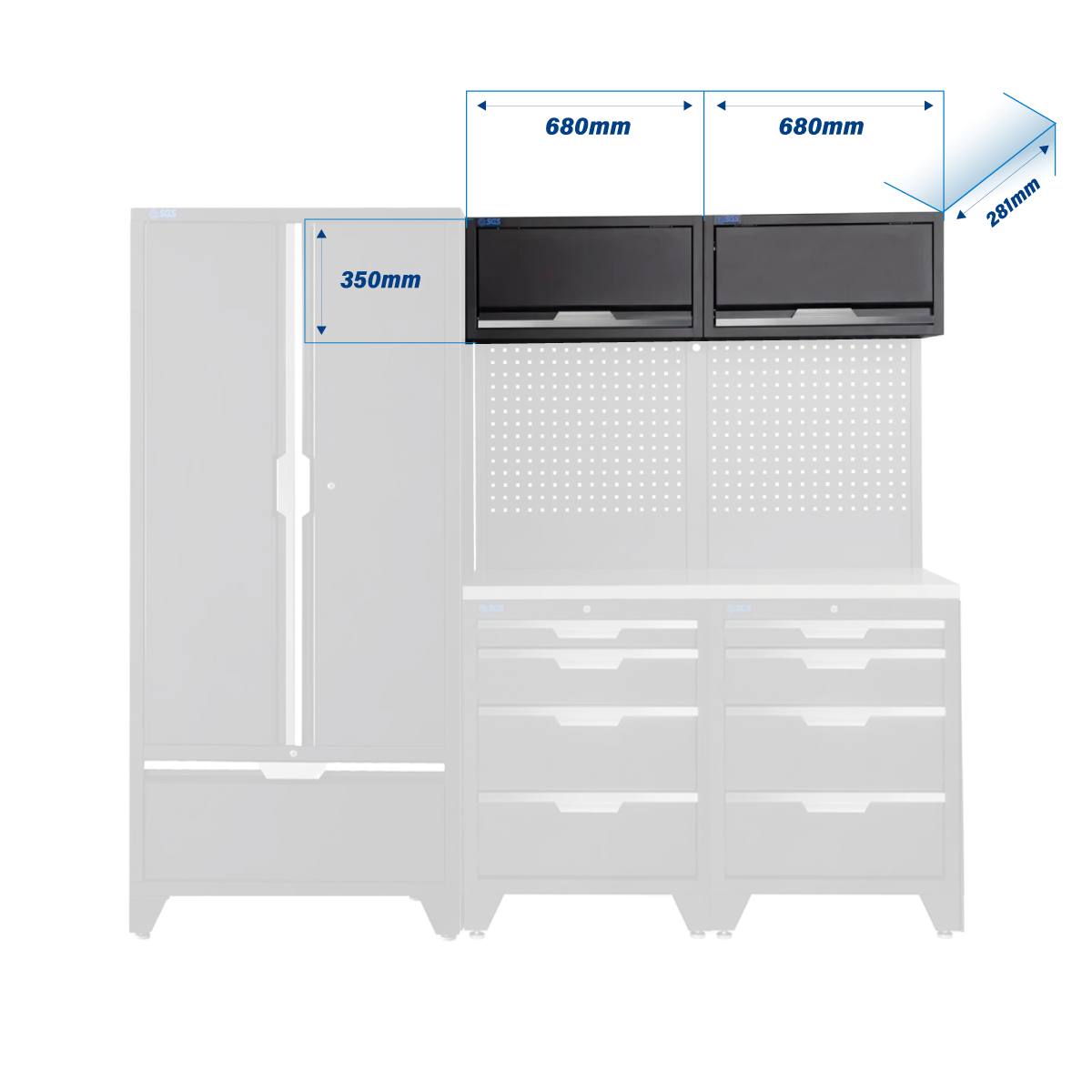 SGS 7pc Modular Garage Storage | 8 Drawers | Stainless Steel Worktop | 2x Upper Cabinets | Tall Double Cabinet with Drawer | Pegboard with Power Strip